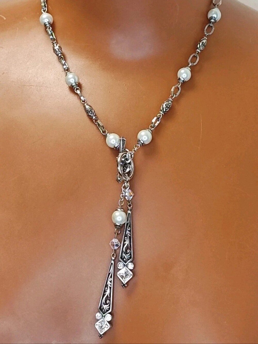 Brighton Zoe Toggle Necklace Silver Plated Chain 18" Etched Pendants Y2k Dainty